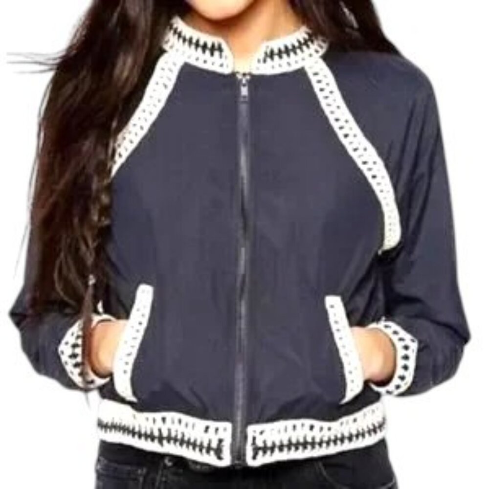 Free People Navy and White Embroidered Utility Jacket